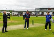 25 June 2021; Match referee Graham McCrea tosses the coin watched by Northern Knights captain Harry Tector and North West Warriors captain Andy McBrine during the Cricket Ireland InterProvincial Trophy 2021 match between North West Warriors and Northern Knights at Bready Cricket Club in Magheramason, Tyrone. Photo by Harry Murphy/Sportsfile