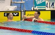 25 June 2021; Ethan Hansen of Trojan SC, left, with Brendan Hyland of National Centre Dublin after the 200IM where Hansen set an Irish Junior Record with a time of 2.04.11 during day two of the 2021 Swim Ireland Performance Meet at the Sport Ireland National Aquatic Centre at the Sport Ireland Campus in Dublin. Photo by David Kiberd/Sportsfile