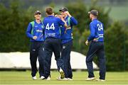 25 June 2021; Shane Getkate of North West Warriors, second right, celebrates catching out Paul Stirling of Northern Knights with team-mates during the Cricket Ireland InterProvincial Trophy 2021 match between North West Warriors and Northern Knights at Bready Cricket Club in Magheramason, Tyrone. Photo by Harry Murphy/Sportsfile