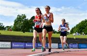 19 June 2021; Claragh Keane of DMPAC, Wexford, centre, and Neasa Niainifein of Ennis Track AC, Clare, competing in the Junior Women's 5000m during day one of the Irish Life Health Junior Championships & U23 Specific Events at Morton Stadium in Santry, Dublin. Photo by Sam Barnes/Sportsfile