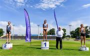 19 June 2021; Athletics Ireland President John Cronin with Junior Women's 5000m medallists, from left, Aoife McGreevy of Lagan Valley AC, Donegal, silver, Laura Mooney of Tullamore Harriers AC, Offaly, gold, and Holly Brennan of Cilles AC, Meath, during day one of the Irish Life Health Junior Championships & U23 Specific Events at Morton Stadium in Santry, Dublin. Photo by Sam Barnes/Sportsfile