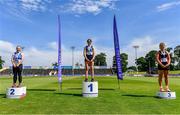 19 June 2021; Junior Women's Weight for Distance medallists, from left, Kiana Nolan of St. Laurence O'Toole AC, Carlow, silver, Claire Kennedy of Birr AC, Offaly, gold, and Triini Jurisoo of Menapians AC, Wexford, bronze, during day one of the Irish Life Health Junior Championships & U23 Specific Events at Morton Stadium in Santry, Dublin. Photo by Sam Barnes/Sportsfile