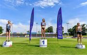 19 June 2021; Junior Women's 5000m medallists, from left, Aoife McGreevy of Lagan Valley AC, Donegal, silver, Laura Mooney of Tullamore Harriers AC, Offaly, gold, and Holly Brennan of Cilles AC, Meath, during day one of the Irish Life Health Junior Championships & U23 Specific Events at Morton Stadium in Santry, Dublin. Photo by Sam Barnes/Sportsfile