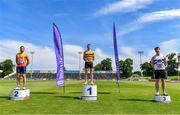 19 June 2021; Under 23 Men's 200m Medallists, from left, Joseph Finnegan Murphy of Tallaght AC, Dublin, silver, Colin Doyle of Leevale AC, Cork, gold, and John Grant of Celbridge AC, Kildare, bronze, during day one of the Irish Life Health Junior Championships & U23 Specific Events at Morton Stadium in Santry, Dublin. Photo by Sam Barnes/Sportsfile