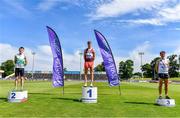 19 June 2021; Junior Men's 800m medallists, from left, Nathan Sheehy Cremin of Emerald AC, Limerick, silver, Eoin Quinn of Mullingar Harriers AC, Westmeath, gold, and Oisin Kelly of Cranford AC, Donegal, bronze, during day one of the Irish Life Health Junior Championships & U23 Specific Events at Morton Stadium in Santry, Dublin. Photo by Sam Barnes/Sportsfile