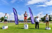 19 June 2021; Athletics Ireland President John Cronin, second from right, with Junior Men's 800m medallists, from left, Nathan Sheehy Cremin of Emerald AC, Limerick, silver, Eoin Quinn of Mullingar Harriers AC, Westmeath, gold, and Oisin Kelly of Cranford AC, Donegal, bronze, during day one of the Irish Life Health Junior Championships & U23 Specific Events at Morton Stadium in Santry, Dublin. Photo by Sam Barnes/Sportsfile