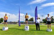 19 June 2021; Athletics Ireland President John Cronin, second from right, with Under 23 Men's 200m Medallists, from left, Joseph Finnegan Murphy of Tallaght AC, Dublin, silver, Colin Doyle of Leevale AC, Cork, gold, and John Grant of Celbridge AC, Kildare, bronze, during day one of the Irish Life Health Junior Championships & U23 Specific Events at Morton Stadium in Santry, Dublin. Photo by Sam Barnes/Sportsfile