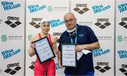 25 June 2021; Ellen Walshe of Templeogue SC with coach Brian Sweeney after competing in the 200IM where she swam a FINA 'A' standard and set an Irish Senior Record with a time of 2.12.02 during day two of the 2021 Swim Ireland Performance Meet at the Sport Ireland National Aquatic Centre at the Sport Ireland Campus in Dublin. Photo by David Kiberd/Sportsfile