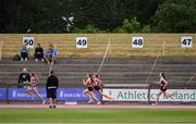25 June 2021; Olympians, from left, Derval O'Rourke, Robert Heffernan and David Gillick watch the Women's 400m heats from a socially distanced section of the stands during day one of the Irish Life Health National Senior Championships at Morton Stadium in Santry, Dublin. Photo by Sam Barnes/Sportsfile