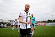 25 June 2021; Dundalk captain Chris Shields leads his side out ahead of playing his final game for the club before the SSE Airtricity League Premier Division match between Dundalk and Derry City at Oriel Park in Dundalk, Louth. Photo by Stephen McCarthy/Sportsfile