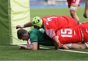 25 June 2021; Cathal Forde of Ireland powers past Jacob Beetham and Harri Deaves of Wales to score the first try during the U20 Six Nations Rugby Championship match between Wales and Ireland at Cardiff Arms Park in Cardiff, Wales. Photo by Gareth Everett/Sportsfile