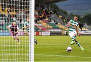 25 June 2021; Graham Burke of Shamrock Rovers shoots to score his side's first goal, a penalty, during the SSE Airtricity League Premier Division match between Shamrock Rovers and Drogheda United at Tallaght Stadium in Dublin. Photo by Seb Daly/Sportsfile