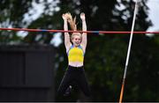 25 June 2021; Clodagh Walsh of Abbey Striders AC, Cork, celebrates a clearance on her way to winning the Women's Pole Vault during day one of the Irish Life Health National Senior Championships at Morton Stadium in Santry, Dublin. Photo by Sam Barnes/Sportsfile