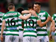 25 June 2021; Graham Burke of Shamrock Rovers, 10, is congratulated by team-mates Gary O'Neill, left, and Aaron Greene after scoring their side's first goal during the SSE Airtricity League Premier Division match between Shamrock Rovers and Drogheda United at Tallaght Stadium in Dublin. Photo by Seb Daly/Sportsfile