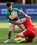 25 June 2021; Chris Cosgrave of Ireland is tackled by Joe Hawkins of Wales during the U20 Six Nations Rugby Championship match between Wales and Ireland at Cardiff Arms Park in Cardiff, Wales. Photo by Gareth Everett/Sportsfile