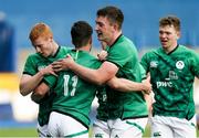 25 June 2021; Chris Cosgrave of Ireland is congratulated by team mates after he scores his sides second try during the U20 Six Nations Rugby Championship match between Wales and Ireland at Cardiff Arms Park in Cardiff, Wales. Photo by Gareth Everett/Sportsfile