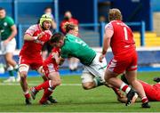 25 June 2021; Harry Sheridan of Ireland is tackled during the U20 Six Nations Rugby Championship match between Wales and Ireland at Cardiff Arms Park in Cardiff, Wales. Photo by Gareth Everett/Sportsfile