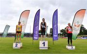 25 June 2021; Women's Hammer medallists, from left, Nicola Tuthill of Bandon AC, Cork, silver, Michaela Walsh of Swinford AC, Mayo, gold, and Adrienne Gallen of Lifford Strabane AC, Donegal, bronze, during day one of the Irish Life Health National Senior Championships at Morton Stadium in Santry, Dublin. Photo by Sam Barnes/Sportsfile