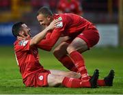 25 June 2021; Ryan Brennan of Shelbourne, left, celebrates with team-mate Michael O'Connor after scoring his side's second goal during the SSE Airtricity League First Division match between Shelbourne and Cork City at Tolka Park in Dublin. Photo by Piaras Ó Mídheach/Sportsfile