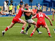 25 June 2021; Alex Kendellen of Ireland is tackled by Sam Costelow and Dan John of Wales during the U20 Six Nations Rugby Championship match between Wales and Ireland at Cardiff Arms Park in Cardiff, Wales. Photo by Gareth Everett/Sportsfile