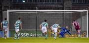 25 June 2021; Chris Lyons of Drogheda United shoots to score his side's first goal, a penalty, past Shamrock Rovers goalkeeper Alan Mannus, during the SSE Airtricity League Premier Division match between Shamrock Rovers and Drogheda United at Tallaght Stadium in Dublin. Photo by Seb Daly/Sportsfile