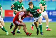 25 June 2021; Tim Corkery of Ireland is tackled by Oliver Burrows of Wales during the U20 Six Nations Rugby Championship match between Wales and Ireland at Cardiff Arms Park in Cardiff, Wales. Photo by Chris Fairweather/Sportsfile