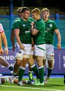 25 June 2021; Alex Kendellen of Ireland celebrates with his team-mates after scoring a try during the U20 Six Nations Rugby Championship match between Wales and Ireland at Cardiff Arms Park in Cardiff, Wales. Photo by Chris Fairweather/Sportsfile