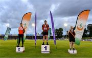 25 June 2021; Men's Hammer medallists, from left, Brendan O'Donnell of Lifford Strabane AC, Donegal, silver, Sean Mockler of Moycarkey Coolcroo AC, Tipperary, gold, and Simon Galligan of Clonliffe Harriers AC, Dublin, bronze, during day one of the Irish Life Health National Senior Championships at Morton Stadium in Santry, Dublin. Photo by Sam Barnes/Sportsfile