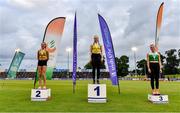 25 June 2021; Women's Pole Vault Medallists, from left, Una Brice of Leevale AC, Cork, silver, Clodagh Walsh of Abbey Striders AC, Cork, gold, and Ciara Hickey of Blarney/Inniscara AC, Cork, during day one of the Irish Life Health National Senior Championships at Morton Stadium in Santry, Dublin. Photo by Sam Barnes/Sportsfile