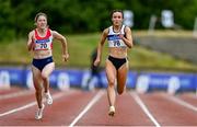 26 June 2021; Aoife Lynch of Donore Harriers, Dublin, centre, and Sarah Murray of Fingallians AC, Dublin, left, competing in the Women's 100m heats during day two of the Irish Life Health National Senior Championships at Morton Stadium in Santry, Dublin. Photo by Sam Barnes/Sportsfile