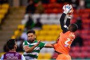 25 June 2021; David Odumosu of Drogheda United in action against Roberto Lopes of Shamrock Rovers during the SSE Airtricity League Premier Division match between Shamrock Rovers and Drogheda United at Tallaght Stadium in Dublin. Photo by Seb Daly/Sportsfile