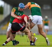 26 June 2021; Eoghan Sands of Down in action against Tomás O’Connor, left, and Fionan Mackessy of Kerry during the Joe McDonagh Cup Round 1 match between Kerry and Down at Austin Stack Park in Tralee, Kerry. Photo by Daire Brennan/Sportsfile