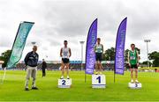 26 June 2021; Athletics Ireland Event Controller and Safety Officer George Maybury, far left, with Men's 3000m Steeplechase medallists, from left, Finley Daly of Sligo AC, silver, Brian Fay of Raheny Shamrock AC, Dublin, gold, and Adam Kirk-smith of Derry Track Club, Derry, bronze, during day two of the Irish Life Health National Senior Championships at Morton Stadium in Santry, Dublin. Photo by Sam Barnes/Sportsfile