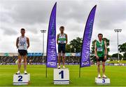 26 June 2021; Men's 3000m Steeplechase medallists, from left, Finley Daly of Sligo AC, silver, Brian Fay of Raheny Shamrock AC, Dublin, gold, and Adam Kirk-smith of Derry Track Club, Derry, bronze, during day two of the Irish Life Health National Senior Championships at Morton Stadium in Santry, Dublin. Photo by Sam Barnes/Sportsfile