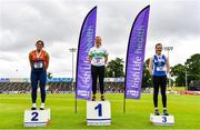 26 June 2021; Women's discus medallists, from left, Casey Mulvey of Inny Vale AC, Cavan, silver, Niamh Fogarty of Raheny Shamrock AC, Dublin, gold, and Anna Gavigan of LSA, bronze, during day two of the Irish Life Health National Senior Championships at Morton Stadium in Santry, Dublin. Photo by Sam Barnes/Sportsfile
