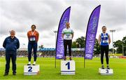 26 June 2021; Athletics Ireland National Field Event Coordinator Dave Sweeney, far left, with Women's discus medallists, from left, Casey Mulvey of Inny Vale AC, Cavan, silver, Niamh Fogarty of Raheny Shamrock AC, Dublin, gold, and Anna Gavigan of LSA, bronze, during day two of the Irish Life Health National Senior Championships at Morton Stadium in Santry, Dublin. Photo by Sam Barnes/Sportsfile