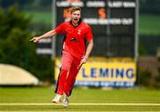 26 June 2021; Josh Manley of Munster Reds celebrates the wicket of Stephen Doheny of North West Warriorsduring the Cricket Ireland InterProvincial Trophy 2021 match between North West Warriors and Munster Reds at Bready Cricket Club in Magheramason, Tyrone. Photo by Harry Murphy/Sportsfile
