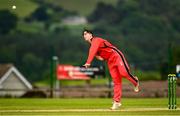 26 June 2021; Mike Frost of Munster Reds bowls during the Cricket Ireland InterProvincial Trophy 2021 match between North West Warriors and Munster Reds at Bready Cricket Club in Magheramason, Tyrone. Photo by Harry Murphy/Sportsfile