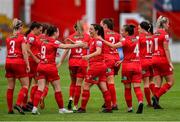 26 June 2021; Noelle Murray, centre, celebrates with Shelbourne teammate Emily Whelan after scoring her side's first goal during the SSE Airtricity Women's National League match between Shelbourne and Cork City at Tolka Park in Dublin. Photo by Ramsey Cardy/Sportsfile