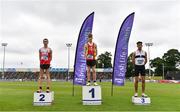 26 June 2021; Junior Men's 3000m medallists, from left, Dean Casey of Ennis Track AC, Clare, silver, Nick Griggs of Mid Ulster AC, gold, and Abdel Laadjel of Donore Harriers, Dublin, bronze, during day two of the Irish Life Health National Senior Championships at Morton Stadium in Santry, Dublin. Photo by Sam Barnes/Sportsfile