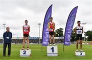 26 June 2021; Athletics Ireland Leinster Council Member Greg Duggan, far left, with Junior Men's 3000m medallists, from left, Dean Casey of Ennis Track AC, Clare, silver, Nick Griggs of Mid Ulster AC, gold, and Abdel Laadjel of Donore Harriers, Dublin, bronze, during day two of the Irish Life Health National Senior Championships at Morton Stadium in Santry, Dublin. Photo by Sam Barnes/Sportsfile