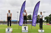 26 June 2021; Women's Long Jump Medallists, from left, Ruby Millet of St Abbans AC, Laois, silver, Saragh Buggy of St Abbans AC, Laois, gold, and Laura Frawley of Emerald AC, Limerick, bronze, during day two of the Irish Life Health National Senior Championships at Morton Stadium in Santry, Dublin. Photo by Sam Barnes/Sportsfile