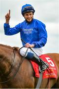 26 June 2021; Jockey William Buick celebrates after riding Hurricane Lane to victory in the Dubai Duty Free Irish Derby during day two of the Dubai Duty Free Irish Derby Festival at The Curragh Racecourse in Kildare. Photo by Seb Daly/Sportsfile