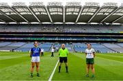 26 June 2021; Referee Barry Redmond with team captains Aislinn Desmond of Kerry and Shauna Ennis of Meath before the Lidl Ladies Football National League Division 2 Final match between Kerry and Meath at Croke Park in Dublin. Photo by Ramsey Cardy/Sportsfile