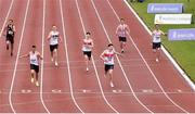 26 June 2021; Cillin Greene of Galway City Harriers AC, third from right, crosses the line to win the Men's 400m ahead of Christopher O'Donnell of North Sligo AC, second from left, who finished second, during day two of the Irish Life Health National Senior Championships at Morton Stadium in Santry, Dublin. Photo by Sam Barnes/Sportsfile