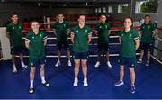 29 June 2021; Boxers, from left, Aidan Walsh, Michaela Walsh, Emmet Brennan, Aoife O'Rourke, Kurt Walker, Kellie Harrington and Brendan Irvine during a Tokyo 2020 Team Ireland Announcement for Boxing in the Sport Ireland Institute at the Sport Ireland Campus in Dublin. Photo by Ramsey Cardy/Sportsfile