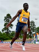 26 June 2021; Israel Olatunde of UCD AC, Dublin, celebrates winning the Men's 100m during day two of the Irish Life Health National Senior Championships at Morton Stadium in Santry, Dublin. Photo by Sam Barnes/Sportsfile