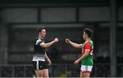 26 June 2021; Eddie McGuinness of Sligo and Paul Towey of Mayo fist bump following the Connacht GAA Football Senior Championship Quarter-Final match between Sligo and Mayo at Markievicz Park in Sligo. Photo by David Fitzgerald/Sportsfile