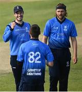 26 June 2021; Leinster Lightning players, from left, George Dockrell, Josh Little and Rory Anders during the Cricket Ireland InterProvincial Trophy 2021 match between Northern Knights and Leinster Lightning at Bready Cricket Club in Magheramason, Tyrone. Photo by Harry Murphy/Sportsfile