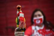 26 June 2021; Sligo supporter Susan Brennan with the Sligo chicken prior to the SSE Airtricity League Premier Division match between Sligo Rovers and Bohemians at The Showgrounds in Sligo. Photo by David Fitzgerald/Sportsfile